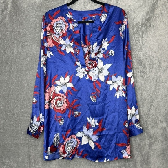 Jessica London Tops - Jessica London 18W 2X Shirt Top Blue Floral Flower Long Sleeve V Neck Tunic